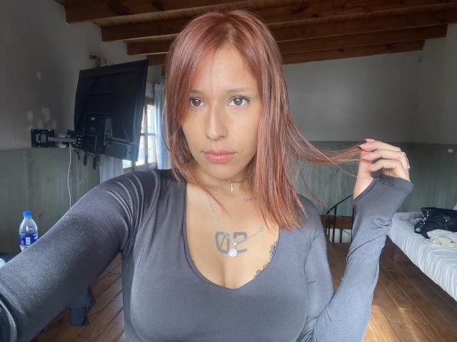 KiaraHernandezX with brown hair, grey long-sleeve top, showing small tits, holding hair, standing in wooden room, water bottle on left, TV on wall, wooden ceiling, sunlight.