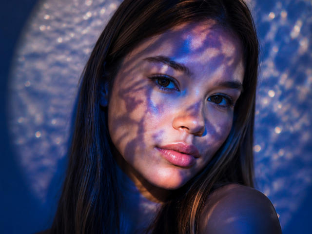 TheresaHokett's face with blue and purple shadows, long brown hair, and pink lips, her bare shoulder visible, soft light highlighting her smooth skin and subtle makeup.