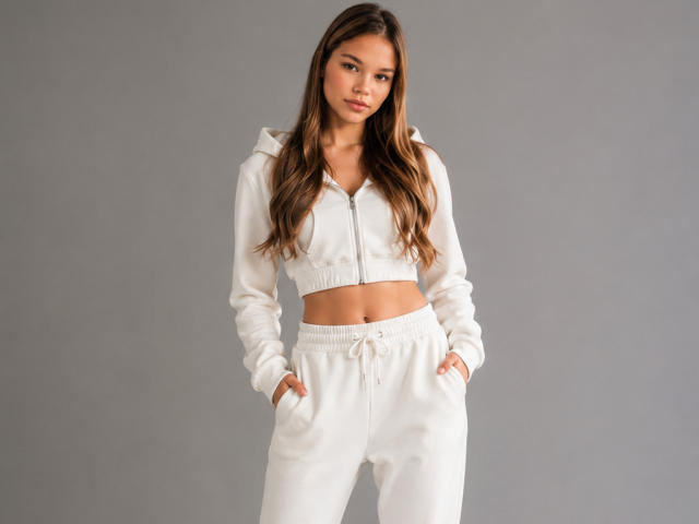 TheresaHokett with long brown hair, wearing a white zip-up hoodie and white pants, hands in pockets, standing, gray background, looking slightly to the side, midriff visible.