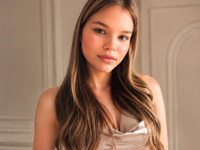TheresaHokett has long, straight brown hair, a cute face with light pink lipstick, and is wearing a silky, white, low-cut top showing her small tits. She looks calm.