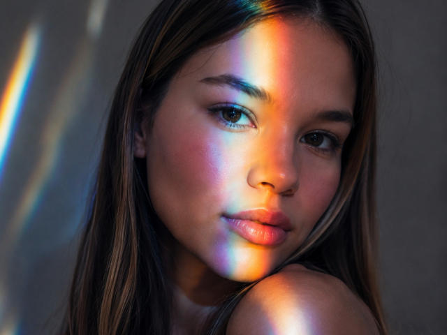 TheresaHokett has colorful light reflections on her face, with shiny pink lips and brown eyes, long brown hair, and a slightly raised shoulder. Her skin is smooth and fair.