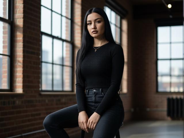 Eileen Jahosky, met lang zwart haar, een zwarte top met lange mouwen en zwarte jeans, zittend, handen op de knieën, bakstenen ramen, licht van links, serieuze uitdrukking, kleine tatoeage op de rechterhals..