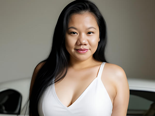 AuroraMaze with long black hair, wearing a white V-neck top, showing small tits and a cute smile, standing in front of a white car.