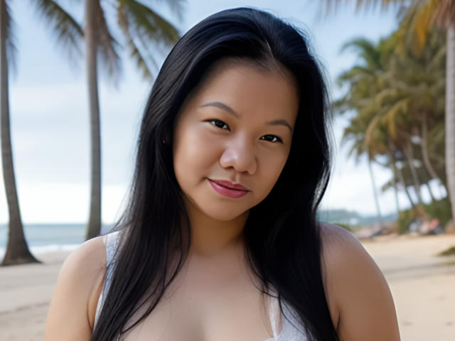 AuroraMaze with long black hair, cute Asian girl, small breasts, pink lipstick, smiling, wearing a white top, standing on a beach with palm trees in the background.
