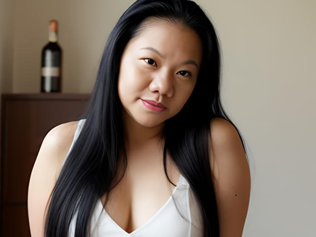 AuroraMaze with long black hair, white tank top, and slight smile, showing small tits and pink lips, standing with a bottle in the blurry background.