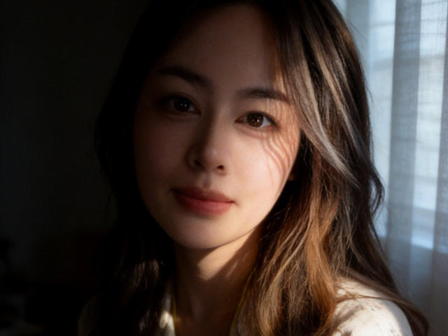 XweiWei ha la pelle marrone chiaro, i capelli lunghi e ondulati castani e gli occhi marroni. La luce del sole proietta delle ombre delicate sul suo viso. Indossa una camicia bianca con un motivo discreto..