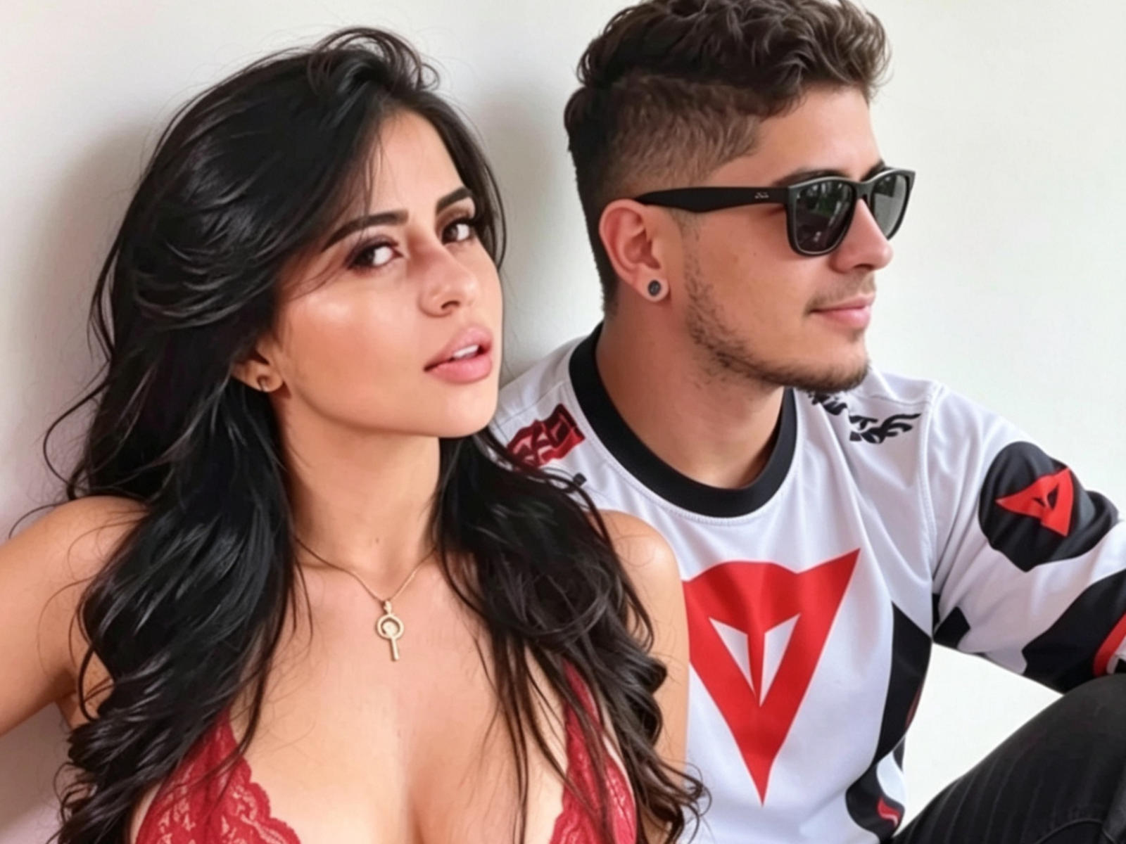 AgathaAndNoahh con capelli neri, reggiseno di pizzo rosso, che mostra i seni, una collana con una chiave, accanto a Noahh con capelli castani, occhiali da sole, maglietta sportiva bianca e rossa, con i buchi delle orecchie neri..