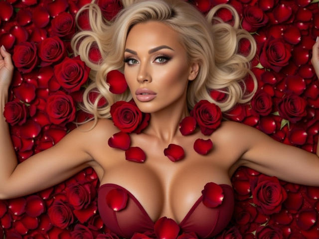 Blonde HottieSweetBritneiy with huge tits, lying in a bed of red roses, petals on her chest and face, sexy, seductive, looking at camera, detailed makeup, wavy hair.