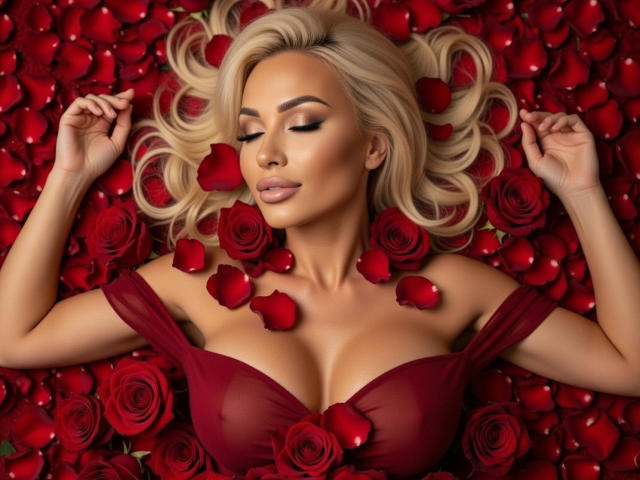 Blonde HottieSweetBritneiy with closed eyes, lying on red roses, wearing a red off-shoulder top, petals on her tits and chest, hands above her head, looking sexy.