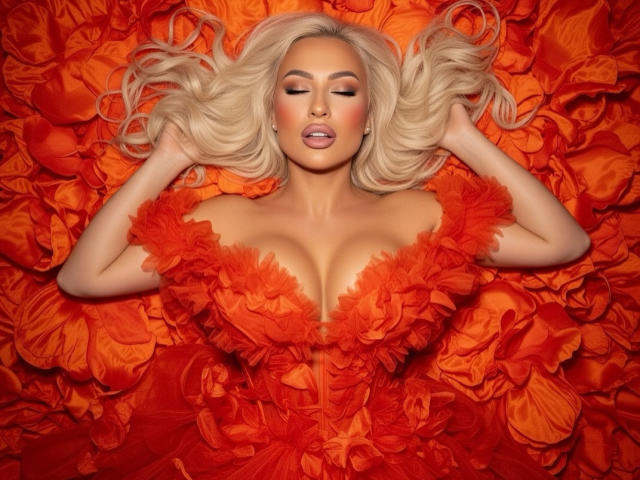 HottieSweetBritney is lying down with eyes closed, wearing a ruffled red dress that highlights her big, round tits. Her blonde hair is spread out, hands in it.