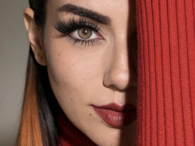 Le visage de ZoeeMar, à moitié dissimulé par une écharpe rouge côtelée, révèle son œil vert, ses sourcils noirs épais, ses longs cils et son rouge à lèvres rouge. Sa peau présente quelques petites taches de rousseur..