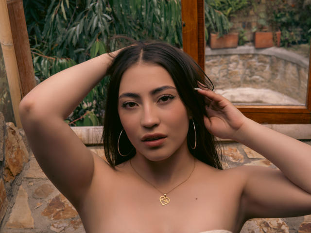 Ann Fisher, con i capelli scuri, orecchini a cerchio e una collana d'oro a forma di cuore, senza top, con le braccia alzate, che guarda la fotocamera, mostrando i suoi piccoli seni, in una stanza con pareti in pietra..