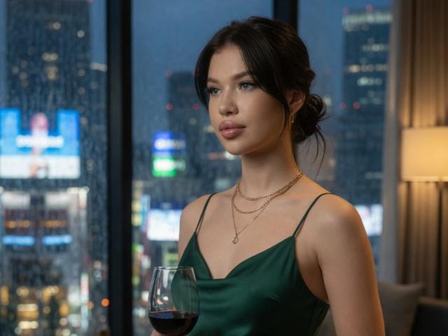 Mirta Florencio, avec ses cheveux noirs attachés en chignon, une robe en satin vert, tenant un verre de vin rouge, un collier en or, un paysage urbain nocturne, avec une expression sérieuse, séduisante et élégante..