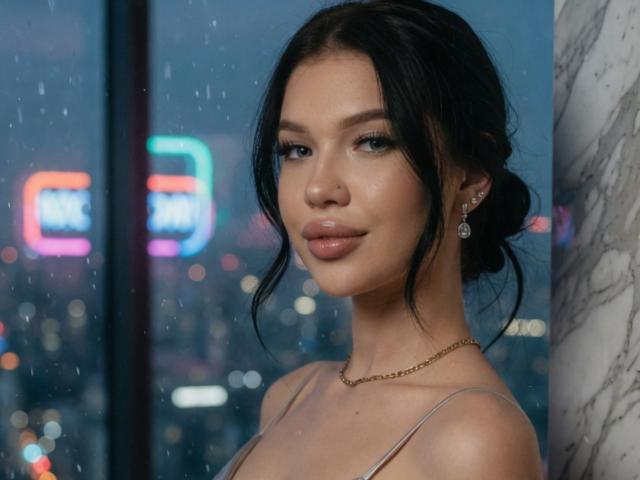 Mirta Florencio, con cabello negro recogido en un moño, vistiendo una blusa transparente que deja ver sus senos, con aretes de diamantes y un collar de oro, en una escena nocturna de una ciudad bajo la lluvia..
