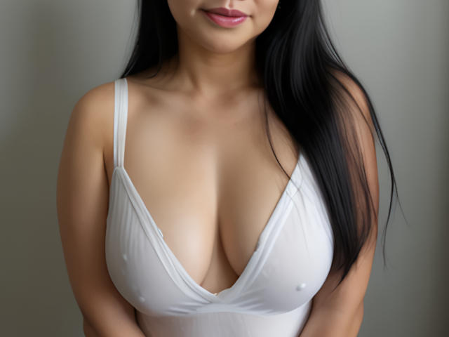 AuroraMaze with large, sexy tits in a white, deep V-neck top, showing nipples. She has long black hair and a cute, slightly smiling face with pink lips.