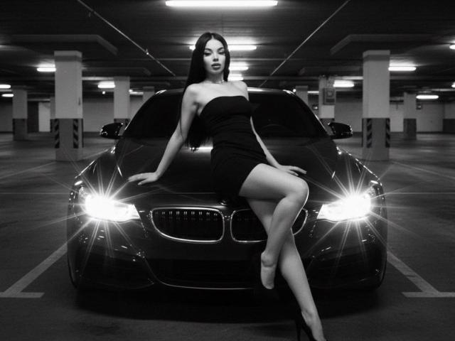 SamantaBredShow, sexy, mit Brüsten, in einem engen schwarzen Kleid, sitzend auf einem schwarzen BMW, Beine gekreuzt, Scheinwerfer an, in einer dunklen, leeren Parkgarage, Schwarz-Weiß..