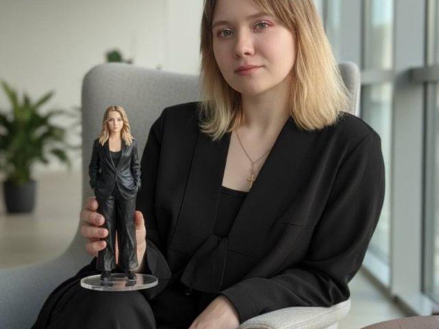 CelsaDavda, met kort blond haar, een zwart blazer en een zwarte top, houdt een kleine buste van een vrouw vast, gekleed in zwarte broek, zittend in een grijze stoel, in de buurt van een raam..