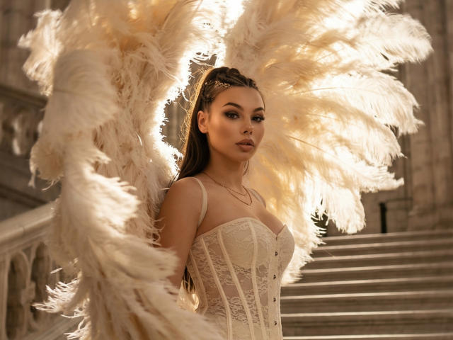 Niferttiti with big white angel wings, wearing a lace corset, has long brown hair in braids, gold necklace, and a serious look, standing in a sunlit, ornate staircase.