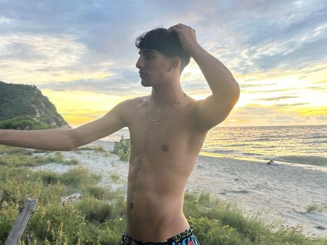 LogaanHotts, sem camisa, com um corpo esguio e tonificado, vestindo shorts pretos e azuis com estampas, em pé na praia, com a mão no cabelo cacheado e preto, usando um colar de corrente dourada, com o pôr do sol ao fundo..
