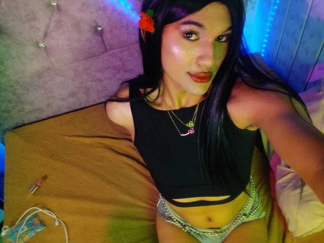 PamelaXFox, met lang zwart haar, draagt een zwarte crop top en zilverkleurig ondergoed, heeft een rode bloem in haar haar, een ketting en zit op een bed..