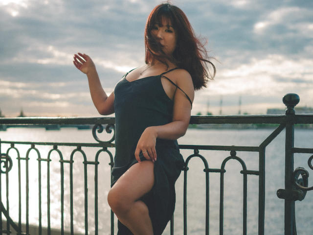 ErikaKim with red hair, wearing a black dress, showing her ass, leaning on a metal railing, hands in the air, water and cloudy sky in the background.