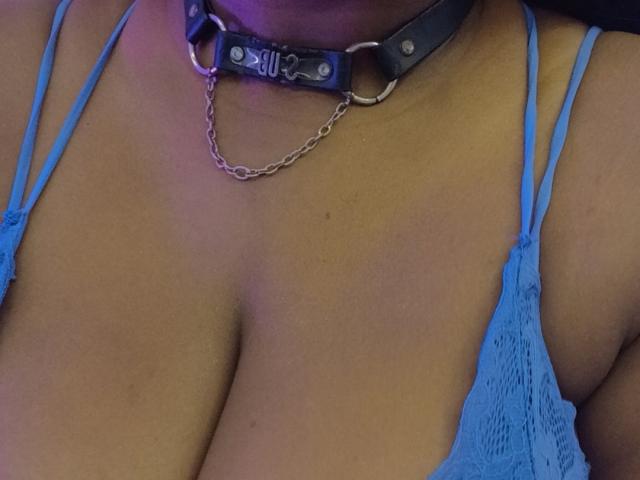 Los senos de RoseBeckers en un sujetador de encaje azul, con un collar de cuero negro y una cadena de plata, mostrando su piel bronceada en la foto..