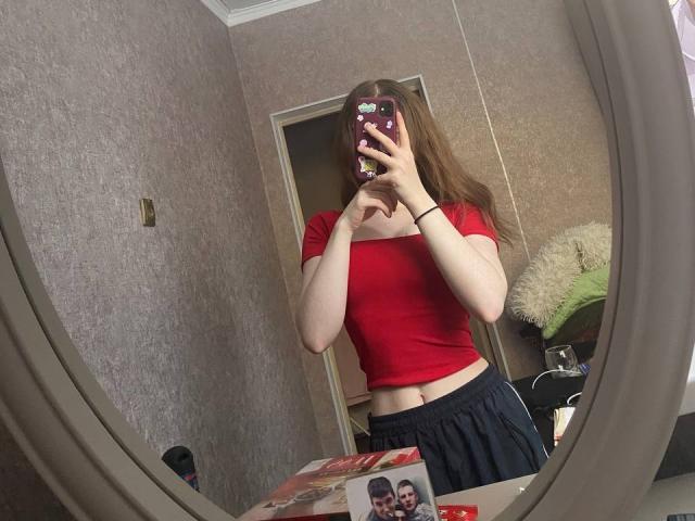LiliaBilka with brown hair, red crop top, showing her small tits, and black pants, taking a mirror selfie, her phone with a cute case covering her face.