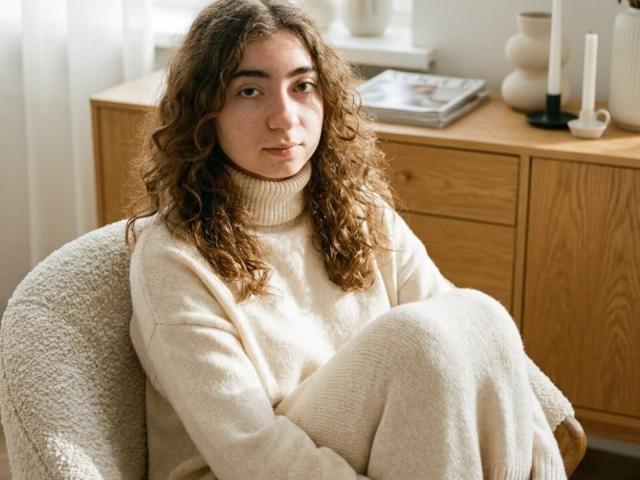 LiliaBilka with curly brown hair, wearing a fluffy white turtleneck and pants, sitting in a textured chair, looking relaxed, in a cozy, wooden room with candles.