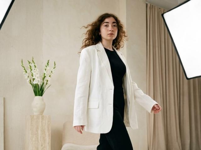 LiliaBilka, con i capelli castano ricci, indossa un blazer bianco sopra un abito nero, ed è in piedi in una stanza con tende beige, tenendo in mano un vaso con fiori bianchi..