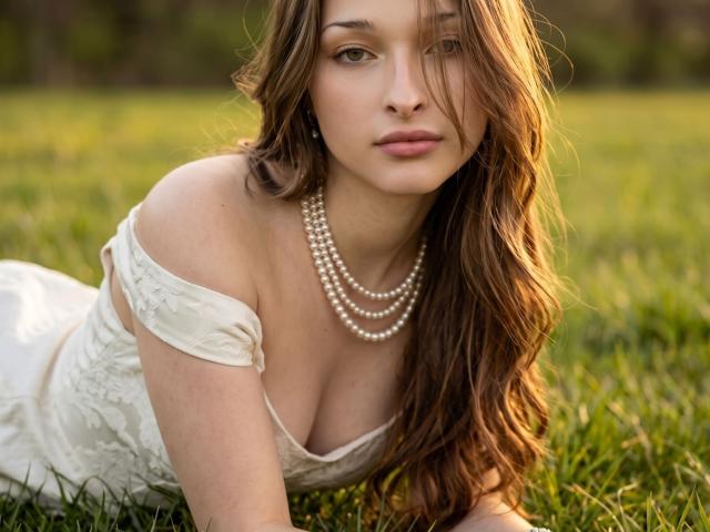Jeanmarie Irli sdraiata sull'erba, indossa un abito bianco con spalline scoperte e motivi floreali, una collana di perle e ha lunghi capelli castani, guarda direttamente la fotocamera, mostrando il seno..