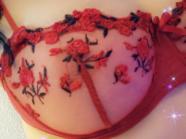 Le soutien-gorge rouge transparent d'ElixirShanna, orné de broderies florales, avec des feuilles noires et des roses rouges, qui couvre ses seins. Les bretelles du soutien-gorge sont visibles, ajoutant une touche d'élégance..