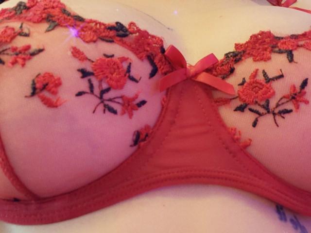 Il reggiseno rosso di ElixirShanna, con ricami floreali e un piccolo fiocco rosso, che mette in mostra il suo seno, è posizionato sul suo petto. Il tessuto rosso e i ricami risaltano sulla sua pelle chiara..