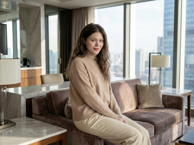 MeliaRinaldo with wavy brown hair, wearing a beige sweater and cream pants, sitting on a brown velvet sofa, hands on her knees, city skyline in the background.