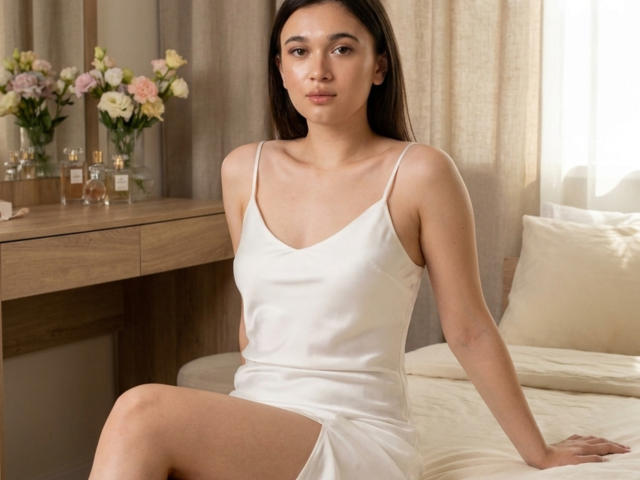 LylaFinne, con un seno di media grandezza, seduta su un letto, indossa un vestito bianco senza maniche, con spalline sottili, i capelli castani sciolti, espressione neutra, pelle chiara, un tavolo di legno con fiori sullo sfondo..