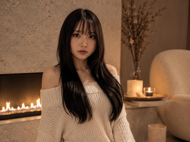 EmaVanhowe with long black hair, off-shoulder beige knit sweater, small tits, and soft brown eyes, sits by a lit fireplace, candles, and dried branches in the background.