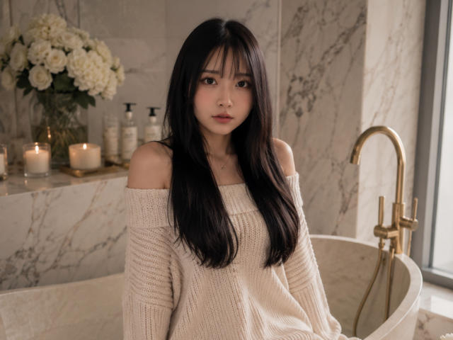 EmaVanhowe with long black hair, off-shoulder beige knit sweater, sitting in a marble bathroom, looking at camera, white roses and candles in background, brass faucet.