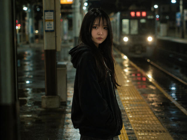 EmaVanhowe, with long black hair and bangs, stands in a dark, wet, urban train station, wearing a black hoodie, looking back with a serious expression.