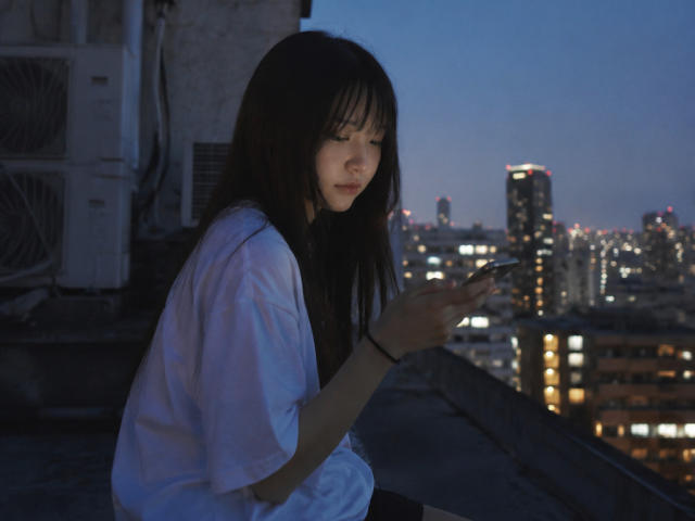 EmaVanhowe with long black hair, wearing a white shirt, sits on a rooftop at dusk, holding a phone, looking down, city lights in the background, blue twilight sky.