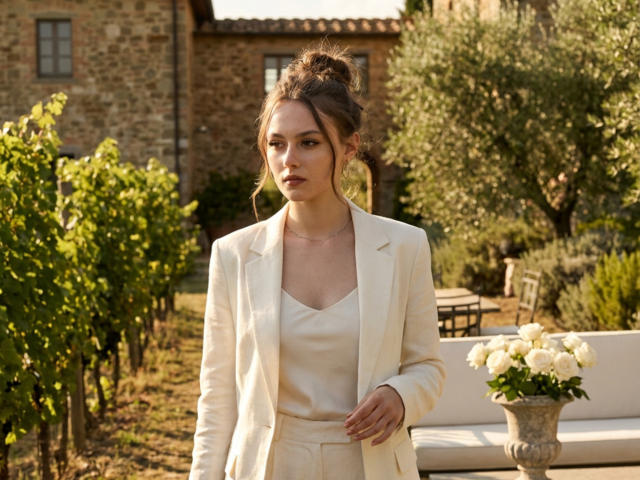 KimberlyZampieri with brown hair in a bun, wearing a white blazer and cream dress, standing outside with a pensive expression, hands by her side, holding a flower pot.