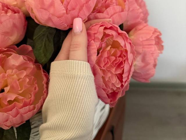 La mano de Diantrisy, con uñas pintadas de rosa, toca delicadamente flores de peonía rosadas con pétalos fruncidos, vistiendo una manga de punto beige. Sus dedos sostienen suavemente los pétalos, mostrando ternura y cuidado..