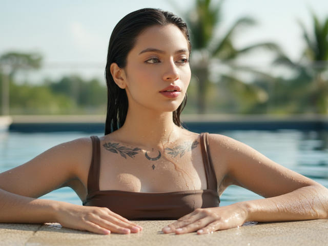 ScarlettPreatty con una maglietta marrone bagnata, le braccia appoggiate sul bordo della piscina, piccoli seni, tatuaggio sul petto, capelli scuri e bagnati, palme sullo sfondo, acqua cristallina blu, giornata di sole..