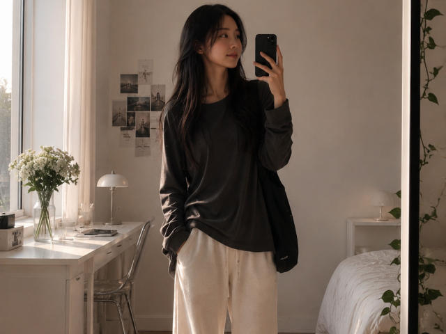 SamanthaTango, met lang zwart haar, gekleed in een donkere blouse en beige broek, houdt een telefoon vast en staat in een zonnige kamer. Ze kijkt in de spiegel, en op het bureau staat een boeket..