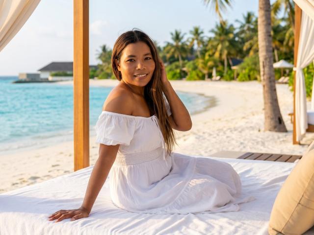 XinemaBonet met lang bruin haar, lachend, gekleed in een witte jurk met open schouder, zittend op een bed op het strand, hand in haar, ziet er schattig uit, gebruinde huid, blauw water op de achtergrond..