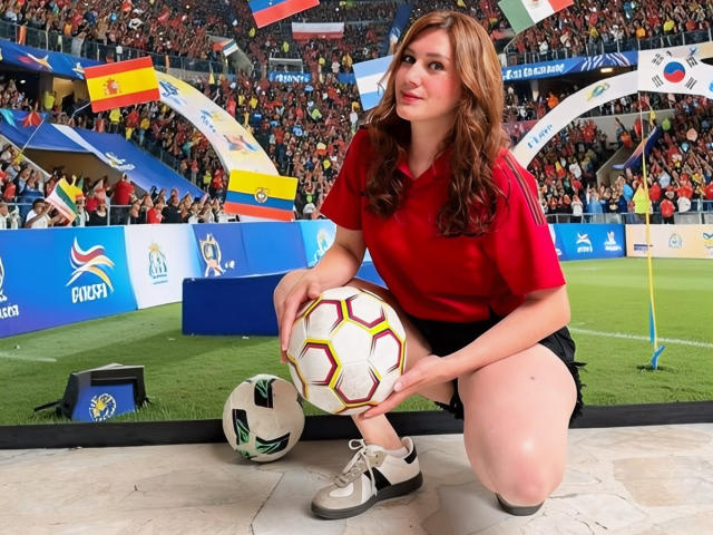 KatyaRogersX, crouching, holding soccer ball, red shirt, black shorts, white shoes, long brown hair, smiling, soccer field, green grass, two soccer balls, crowd in background.