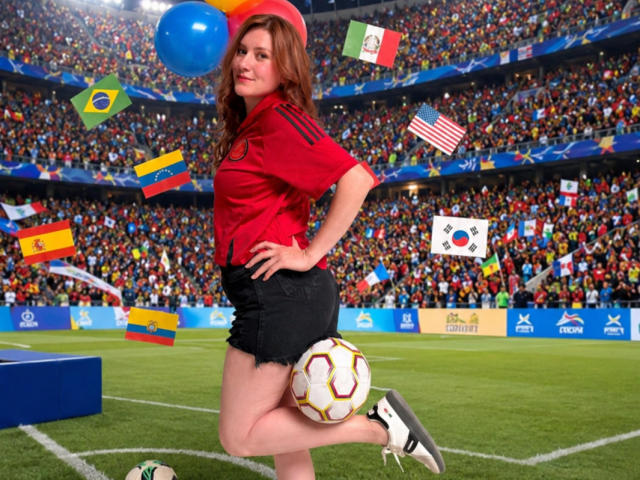 KatyaRogersX with red shirt, black shorts, soccer ball, and flag balloons, standing on one leg, smiling, in a stadium with a crowd. Boobs are not visible.