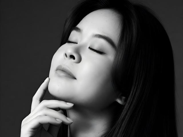 MissJogurt's face, eyes closed, soft smile, hand touching her chin, black-and-white photo, smooth skin, dark straight hair, delicate features, gentle expression, subtle beauty, relaxed.
