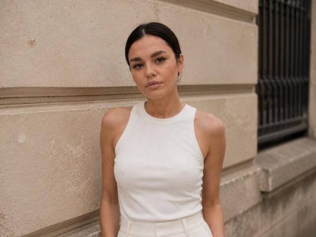 Sherika Gambrell, con cabello negro, blusa blanca sin mangas, busto pequeño, piel morena, de pie frente a una pared de piedra beige, ventana de metal negro en el fondo, expresión seria..