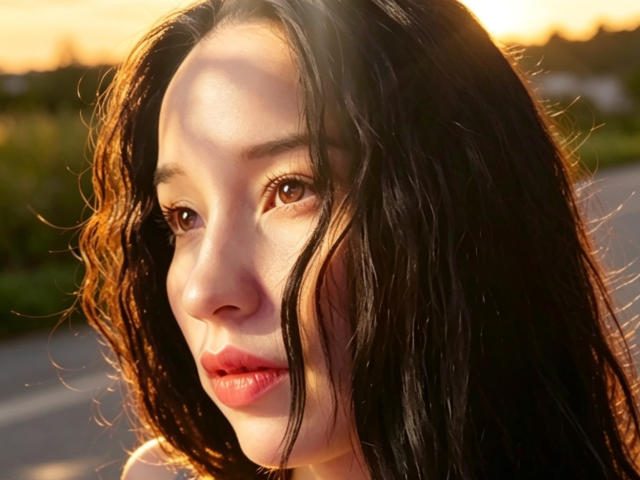 ValeriaRossii tiene el cabello negro ondulado, ojos marrones y labios rojos, con la luz del sol iluminando su rostro con un brillo cálido. Su expresión es tranquila y ligeramente curiosa..