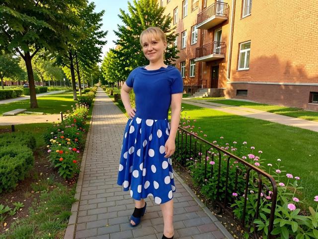 KaterinCold has blonde hair, blue short-sleeve top, blue polka-dot skirt, black open-toe heels, smiling, standing on brick path, green lawn, red-brick building, sunny day.