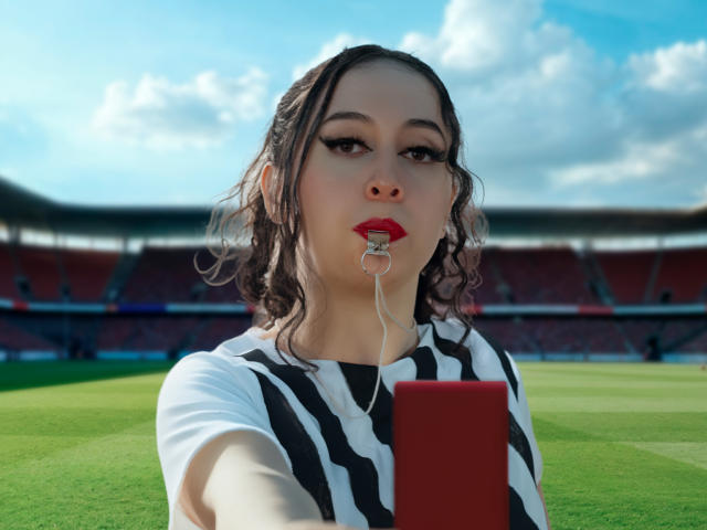 KendraSimons with curly dark hair, wearing a black-and-white striped shirt, red lipstick, and a ringed wire in her mouth, holding a red device in a sunlit stadium.